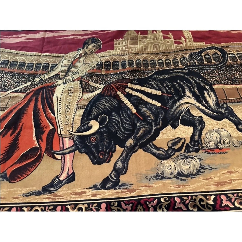 Vintage Matador Bull Fighting Tapestry Rug Spanish Wall Hanging 5' X 4' Large